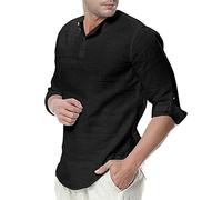 ShallGood Camisa Hombre Cuello Mao Lino Blusa Manga 3/4 Camisas Top Sin Cuello De Color Sólido Blusas Suelta Camisas De Trabajo Suave Cómodo Transpirable A Negro Medium