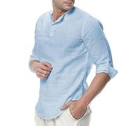 ShallGood Camisa Hombre Cuello Mao Lino Blusa Manga 3/4 Camisas Top Sin Cuello De Color Sólido Blusas Suelta Camisas De Trabajo Suave Cómodo Transpirable A Azul Medium