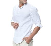 ShallGood Camisa Hombre Cuello Mao Lino Blusa Manga 3/4 Camisas Top Sin Cuello De Color Sólido Blusas Suelta Camisas De Trabajo Suave Cómodo Transpirable (Medium, A Blanco)