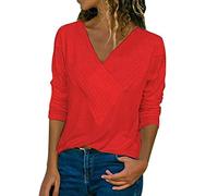 ShallGood Camisa Mujer Manga Larga Cuello V Casual Suelto Blusa Batwing Elegantes Color Sólido Pullover Tops Deportiva Oficina Tops Básica Blusas B Rojo ES 38