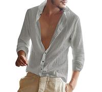 ShallGood Hombre Camisa Slim Fit Manga Larga Chic Casual Top Blusa Lino Shirt Formal Color Sólido Blusas De Trabajo Elástica Suelta Camisa Gris Large
