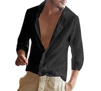 ShallGood Hombre Camisa Slim Fit Manga Larga Chic Casual Top Blusa Lino Shirt Formal Color Sólido Blusas De Trabajo Elástica Suelta Camisa Negro Small