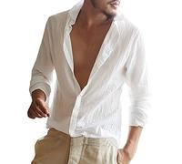 ShallGood Hombre Camisa Slim Fit Manga Larga Chic Casual Top Blusa Lino Shirt Formal Color Sólido Blusas De Trabajo Elástica Suelta Camisa Blanco Small