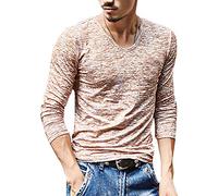 ShallGood Hombre Verano Camiseta Slim Fit Camiseta de Manga Larga Cuello V Elástico Tops Casual Básicas Stretch T-Shirt tee Blusas Café X-Small