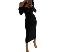 ShallGood Mujer Vestido De Punto Ajustado Asimétrico Un Hombro Elegantes Otoño Invierno Manga Larga Cuello V Bodycon Vestidos Fiesta por La Noche Negro ES 36