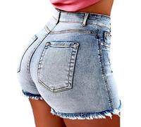 ShallGood Vaquero Mujeres De Cintura Alta con Flecos Casual Hot Jeans Denim Shorts Pantalones Cortos De Verano para Mujeres Pantalones Azul Claro M
