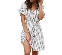 ShallGood Vestido De Mujer Cuello En V Manga Corta Ocasional Puntos Boho Lunares Mini Vestir Fiesta Vacación Cóctel Playa Vestido A Blanco ES 46