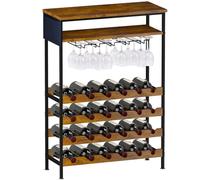 Shally Dogan Botellero de Suelo para Vino con 24 Compartimentos Porta Botellas, 10 Soportes y 1 Estante, Bodega Industrial para Esquina Bar con Estructura de Acero y estantes de Madera, 66 x 30 x 100