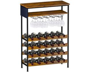 Shally Dogan Botellero de Suelo para Vino con 24 Compartimentos Porta Botellas, 10 Soportes y 1 Estante, Bodega Industrial para Esquina Bar con Estructura de Acero y estantes de Madera, 66 x 30 x 100