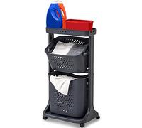 Shally Dogan Carrito de lavandería con ruedas, 2 estantes multifunción, carrito de ahorro de espacio, con cesta de ropa extraíble, cesta basculante, estante de almacenamiento superior (gris)