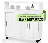 Shally Dogan Carrito Slim de baño con 4 Ruedas giratorias a 360°, Carrito Estrecho con Puertas correderas y estantes de Madera Blanca, Armario Ahorra Espacio para Cocina, Taburete, salón, Multiusos