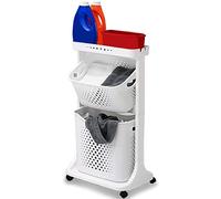 Shally Dogan Carro para la colada con ruedas, 2 estantes multifunción, carrito de ahorro de espacio, con cesta de ropa extraíble, cesta basculante, estante de almacenamiento superior (blanco)