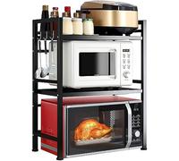 Shally Dogan - Estante de Almacenamiento Extensible para microondas de Acero, Estante de Cocina Doble con 2 estantes para Especias, Armario con Ganchos y Patas Antideslizantes, diseño Moderno (Negro)