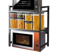 Shally Dogan Estante de almacenamiento para microondas de acero, estantería de cocina con estante para especias, unidad de estantes de 2 compartimentos con patas antideslizantes, diseño moderno (negro