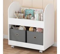 Shally Dogan Estantería con 2 estantes de madera y 2 cajones de tela, librería con ruedas para niños, estantería portaobjetos multiusos versátil, armario móvil moderno con ruedas giratorias
