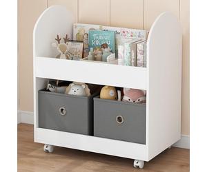 Shally Dogan Estantería con 2 estantes de madera y 2 cajones de tela, librería con ruedas para niños, estantería portaobjetos multiusos versátil, armario móvil moderno con ruedas giratorias