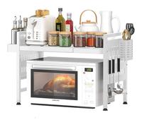 Shally Dogan Estantería extensible para microondas de acero con estante, estante organizador con especiero y cubertería de cocina, mueble con pies antideslizantes (blanco)