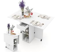 Shally Dogan Mesa de Comedor Plegable para Ahorrar Espacio con Ruedas, Escritorio Plegable con 2 estantes y 1 cajón, diseño Moderno, Multiusos, Ideal para casa, Oficina, 120 x 77 x 75 cm (Blanco)