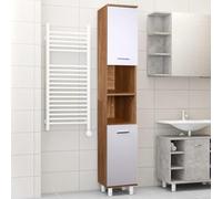 Shally Dogan Mueble de columna alto que ahorra espacio, 2 puertas, armario estrecho autoportante con 4 patas, estantería portaobjetos multiusos, salón, baño, cocina, librería, oficina (blanco + roble)