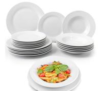 Shally Dogan Servicio de platos de 18 piezas de porcelana de mesa para 6 personas, juego compuesto por 6 platos llanos, 6 hondos, 6 dulces y frutas, diseño moderno liso (blanco)