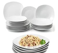 Shally Dogan Servicio de platos de servir de 18 piezas de porcelana de mesa para 6 personas, juego compuesto por 6 platos llanos, 6 hondos, 6 dulces y frutas, diseño moderno liso (blanco cuadrado)