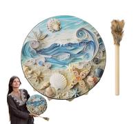 Shamanic Drum - Wood Leather 25 cm Round Build, Sea Wave Shell Music Drum, Adult Percussion Instrument | Meditation Ritual For Drumstick Included Shamanic Drums Handmade Hand Spiritual Practices