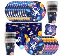 Shamoparty Juego de vajilla para fiesta espacial con diseño de galaxia, incluye platos, servilletas, tazas, mantel, decoración espacial para cumpleaños infantil, planetas, 20 invitados