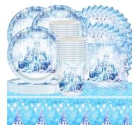 Shamoparty Vajilla de fiesta con castillo azul, 61 unidades, decoración de mesa para fiestas, copo de nieve, Navidad, cumpleaños infantiles, decoración de mesa en el país de las maravillas invernales