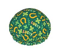 Shamrocks Green Leaves Clover Music Theme Duschhaube, 1er-Set, große Öffnung, Stretch-Badekappe mit elastischem Seil, wasserdicht, doppellagig, Badehut, wiederverwendbar, Bade-Haarkappe für Damen, Her