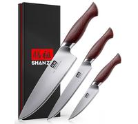 SHAN ZU Juego de 3 Cuchillos Profesionales, Set Cuchillo de Cocina Japonés, Hoja Ultraafilada con Acero Inoxidable 10Cr15MoV (62HRC), Mango Ergonomico Madera - Cuchillo de Chef, Multiusos, Pelador