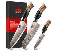 SHAN ZU Juego de 3 Piezas de Cuchillos de Cocina Damasco, 33 Capas de Cobre y Acero de Damasco, Hoja Afilada de 12° con Mango de Madera de Arce Incluye Cuchillo de Chef, Santoku, Cuchillos Para Fruta