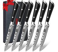 SHAN ZU Juego de 6 Cuchillos de Carne, Cuchillos de Mesa, Cuchillo Serrado Mesa 12cm, Cuchillos de Bistec de Acero Inoxidable de Alto Carbono Cuchillo Steak con Caja de Regalo