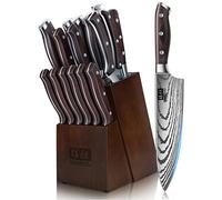 SHAN ZU Juego de Cuchillos Cocina, 16 Piezas Set Cuchillos Cocina Profesional de Acero Inoxidable de Alto Carbono, Juego de Cuchillos con Bloque de Madera, Afilador, Cuchillo de Chef, Santoku, Tijeras