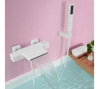 SHANFO Grifo de Bañera Termostatico, Cascada Mezclador Ducha Montado en La Pared, Latón, Blanco, 4Y6OK