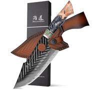 SHANGDAO Cuchillo de carnicero Damasco de 7 pulgadas, cuchillos de cocina vikingos con funda de cuero, acero de aleación de 67 capas con resina forjada a mano profesional y mango de madera serie QILIN