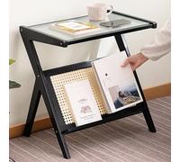 SHANGDAOYU Mesa Auxiliar pequeña de Madera Maciza con Tapa de Cristal y Estante, Mesa Auxiliar for sofá y Cama, for Espacios pequeños, salón, Dormitorio, mesas rústicas for Aperitivos(Black)
