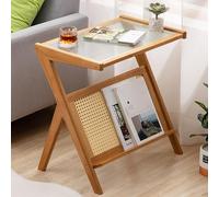 SHANGDAOYU Mesa Auxiliar pequeña de Madera Maciza con Tapa de Cristal y Estante, Mesa Auxiliar for sofá y Cama, for Espacios pequeños, salón, Dormitorio, mesas rústicas for Aperitivos(Log)