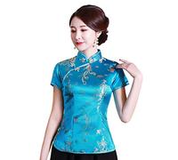 Shanghai Story Camisa china Cheongsam de manga corta para mujer, Azul lago, XXL
