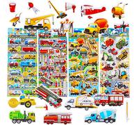 SHANGRLA Pegatinas para coche Puffy para niños con camión de bomberos, tractores, excavadoras, camiones y camiones, pegatinas para niños. Juego de pegatinas para niños.