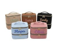 Shangyue Bolsa de maquillaje de pana con nombre bordado personalizado, bolsa de aseo grande de pana para mujer, bolsa de cosméticos personalizada, Caqui, DIY