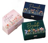 Shangyue Joyero de terciopelo personalizado con cajón, joyero con nombre con flores, regalo de fiesta de boda, regalo para ella (verde, 23 x 17 x 11 cm)