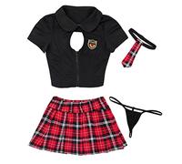 SHANHE Mujeres Adutls Colegiala Japonesa Cosplay Uniforme Femme Sexy Traje Top con Mini Falda Plisada A Cuadros Calzoncillos para Baile Clubwear-Negro Rojo,L