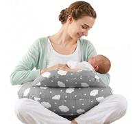 SHANNA Cojin Lactancia Bebe y Almohada Embarazada Dormir XXL Multifuncion Funda Cojin 100% Algodon Incluye Funda Extraíble y Lavable y Soporte de Correa de Cintura Ajustable (Nubes Grises)