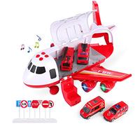 SHANNA Juego Aviones Vehículos,Juego Juguetes Educativos VehíCulos con Ruedas Inercia,1 AvióN Grande,4 Autos Aleación para Niños Mayores 3 Años (Camión Bomberos-Rojo)