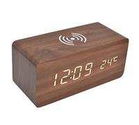Shanrya Reloj Despertador Digital de Madera, Radio Reloj Despertador 12/24 Horas Reloj Electrónico LED con Estación de Carga Inalámbrica Rápida, Detección Automática de(6.3 x 2.8 x 2.7in-Rojo)