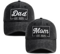 SHANVANKE 2 Gorras de béisbol para papá y mamá EST 2025 para Hombres y Mujeres, Divertidas Gorras de béisbol Ajustables de algodón Bordado en 3D para nuevos Padres, Bordado Negro-1, Talla única
