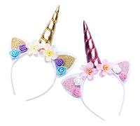 Shao hua 2pcs diademas de unicornio, Diademas de Unicornio con Flores, Diadema Unicornio Unicornio Cosplay, Unicornio Diadema de Oro Brillante, Unicornio Rose Diadema(Dorado, Rosa)
