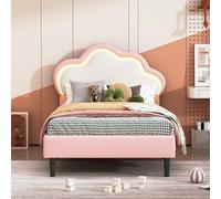 SHAODENG Cama individual 90 x 200 para niña con iluminación LED, tapizada con diseño de nubes y cabecero ajustable, cama juvenil con somier, sin colchón