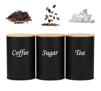 Shaojian Juego de 3 botes de azúcar para café y té, 1000 ml, metal negro, tapa hermética de bambú, marcador de nombre, recipiente de almacenamiento de cocina
