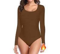 SHAPERIN Body Manga Larga Mujer Bodysuit Top Térmico Cuello Redondo Jersey Abrigado Camiseta de Otoño Invierno, Marrón, XL